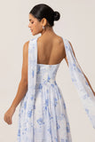 Blue Corset Floral Neck Scarf Long Wedding Guest Dress with Slit