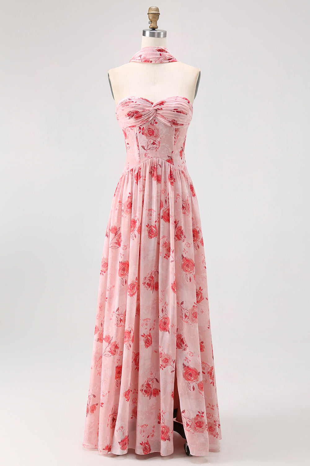Dusty Rose Floral Corset Neck Scarf Long Wedding Guest Dress with Slit