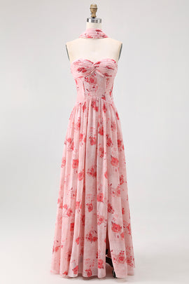 Dusty Rose Floral Corset Neck Scarf Long Wedding Guest Dress with Slit