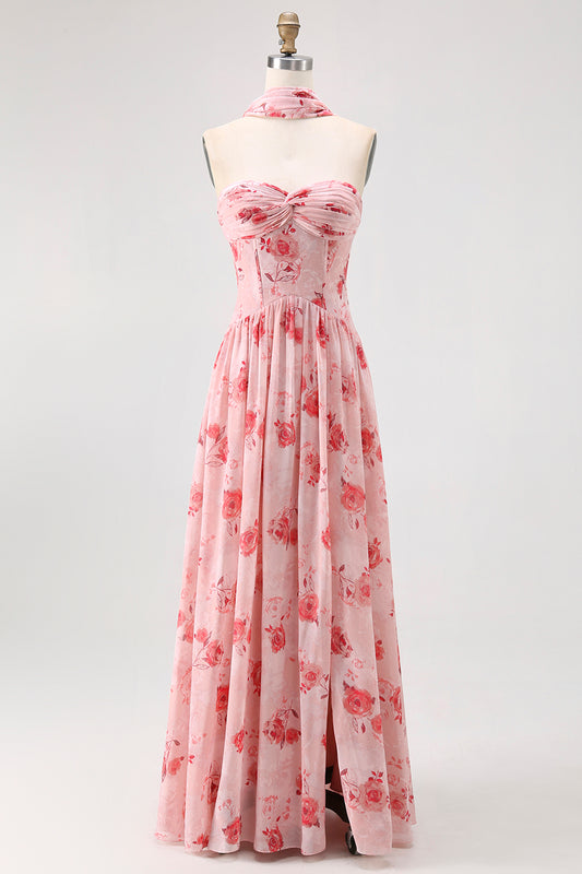 Dusty Rose Floral Corset Neck Scarf Long Wedding Guest Dress with Slit