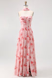 Dusty Rose Floral Corset Neck Scarf Long Wedding Guest Dress with Slit
