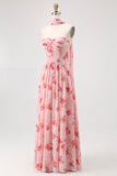 Dusty Rose Floral Corset Neck Scarf Long Wedding Guest Dress with Slit