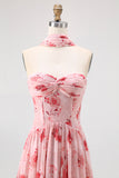 Dusty Rose Floral Corset Neck Scarf Long Wedding Guest Dress with Slit