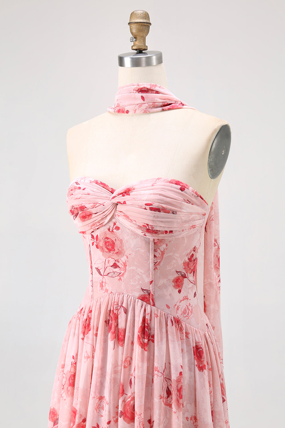 Dusty Rose Floral Corset Neck Scarf Long Wedding Guest Dress with Slit