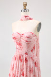 Dusty Rose Floral Corset Neck Scarf Long Wedding Guest Dress with Slit