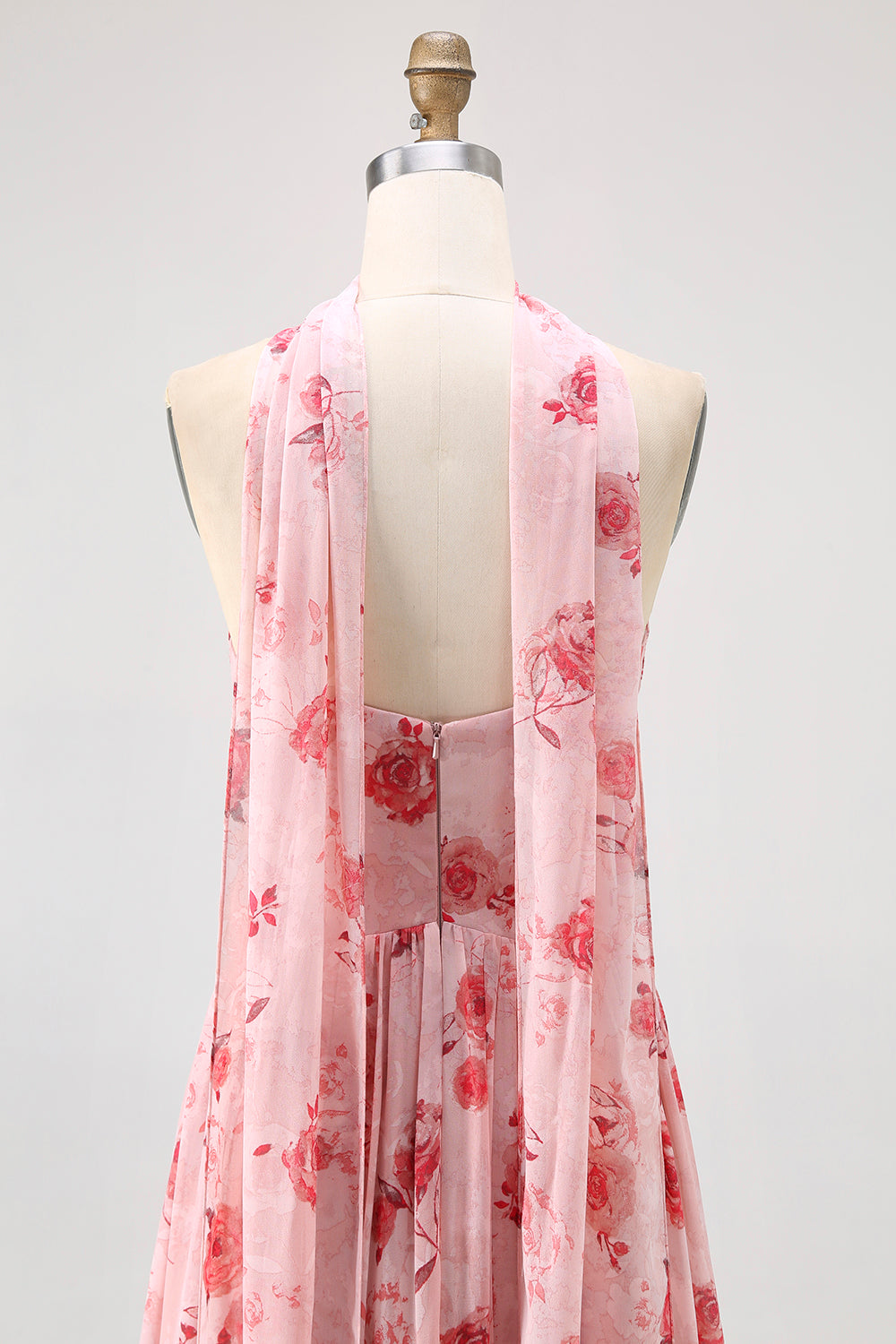 Dusty Rose Floral Corset Neck Scarf Long Wedding Guest Dress with Slit
