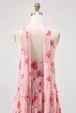 Dusty Rose Floral Corset Neck Scarf Long Wedding Guest Dress with Slit