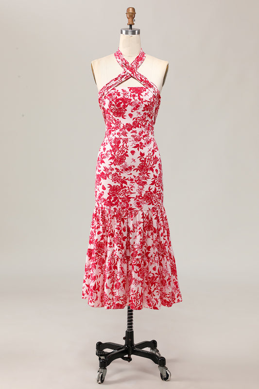 Red Floral Halter Mermaid Long Wedding Guest Dress with Bow