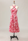 Red Floral Halter Mermaid Long Wedding Guest Dress with Bow