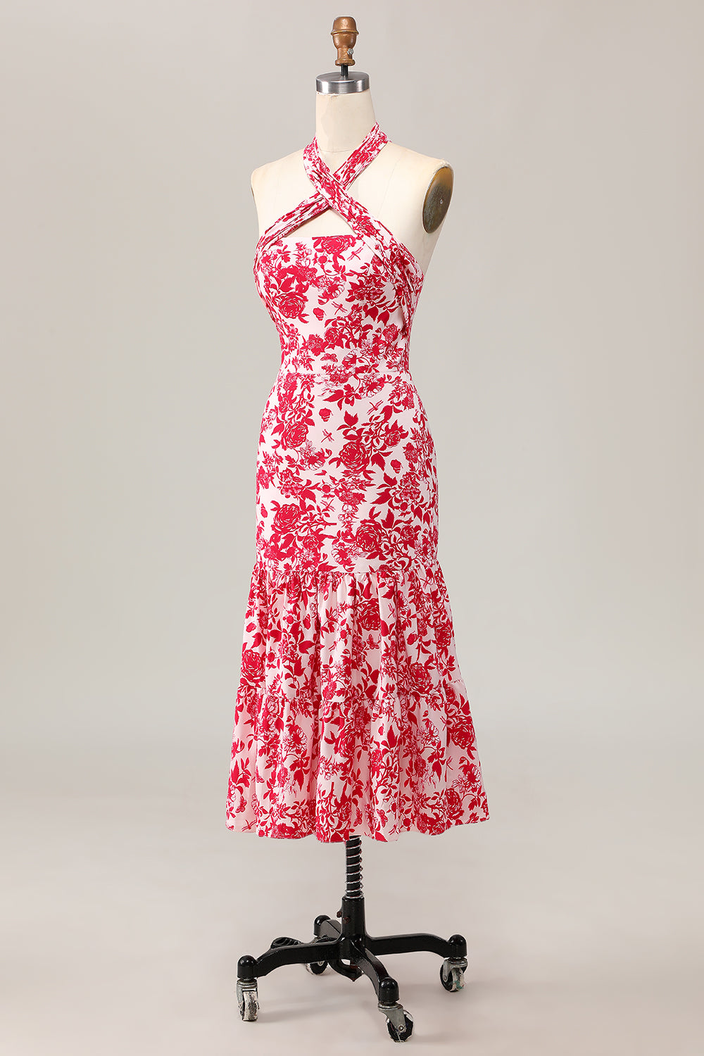 Red Floral Halter Mermaid Long Wedding Guest Dress with Bow