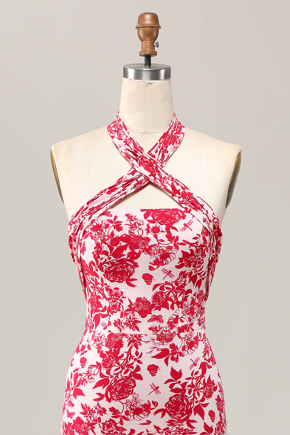 Red Floral Halter Mermaid Long Wedding Guest Dress with Bow
