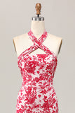 Red Floral Halter Mermaid Long Wedding Guest Dress with Bow