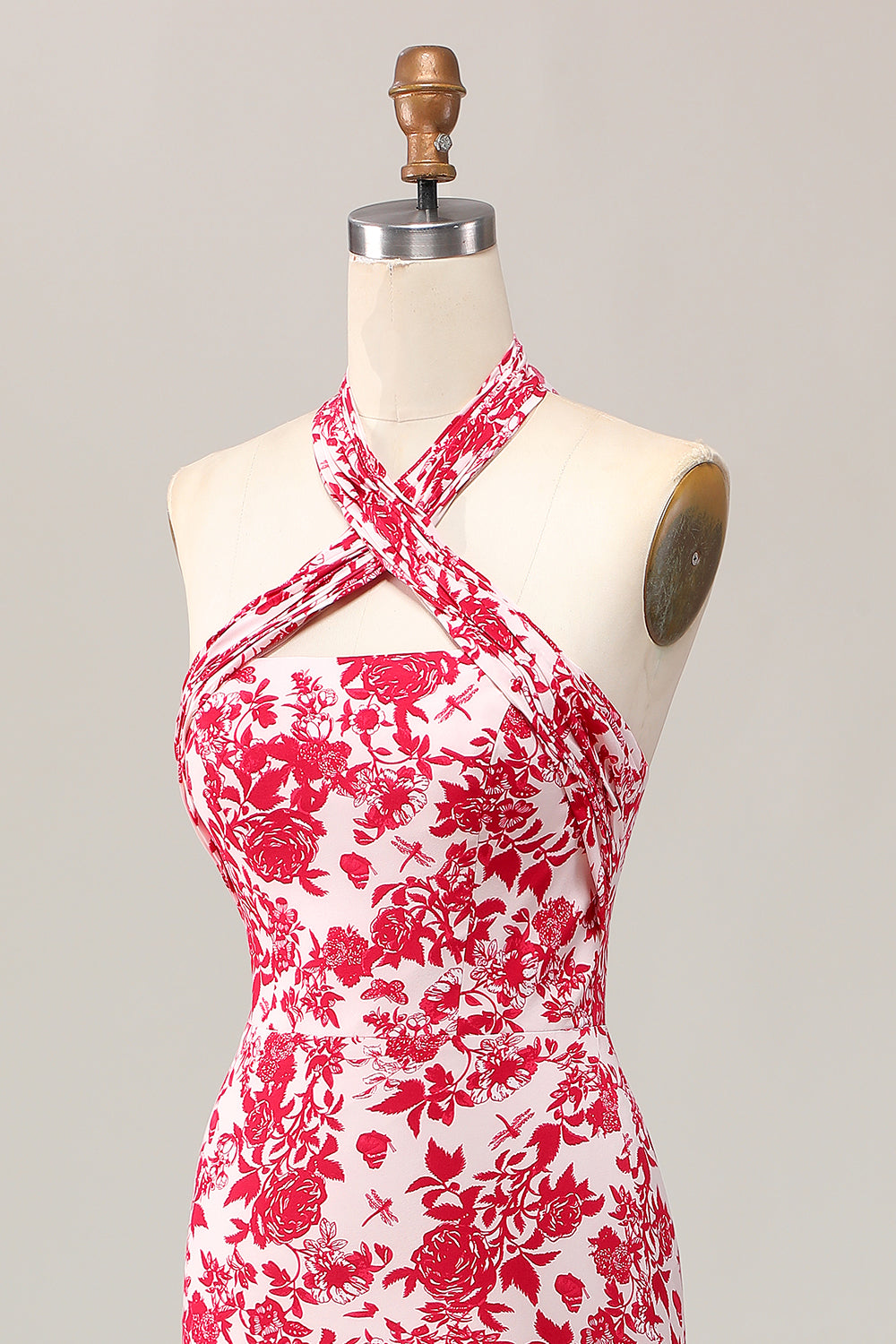 Red Floral Halter Mermaid Long Wedding Guest Dress with Bow