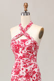 Red Floral Halter Mermaid Long Wedding Guest Dress with Bow