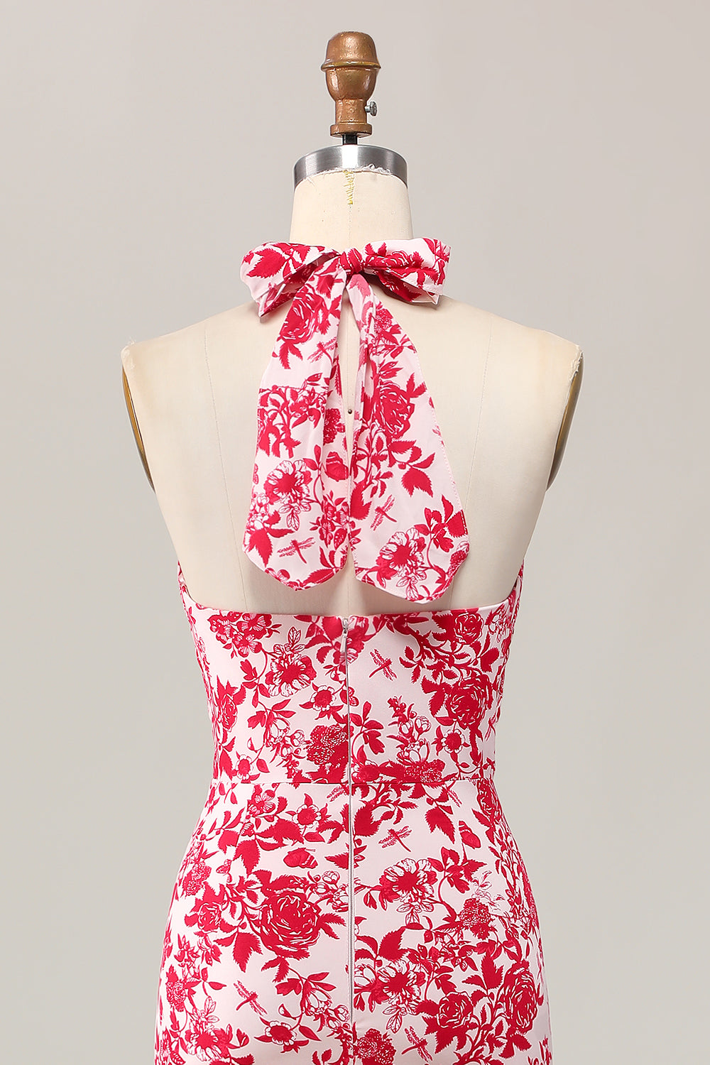 Red Floral Halter Mermaid Long Wedding Guest Dress with Bow