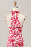 Red Floral Halter Mermaid Long Wedding Guest Dress with Bow