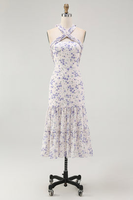 Blue Halter Floral Midi Bridesmaid Dress with Bow