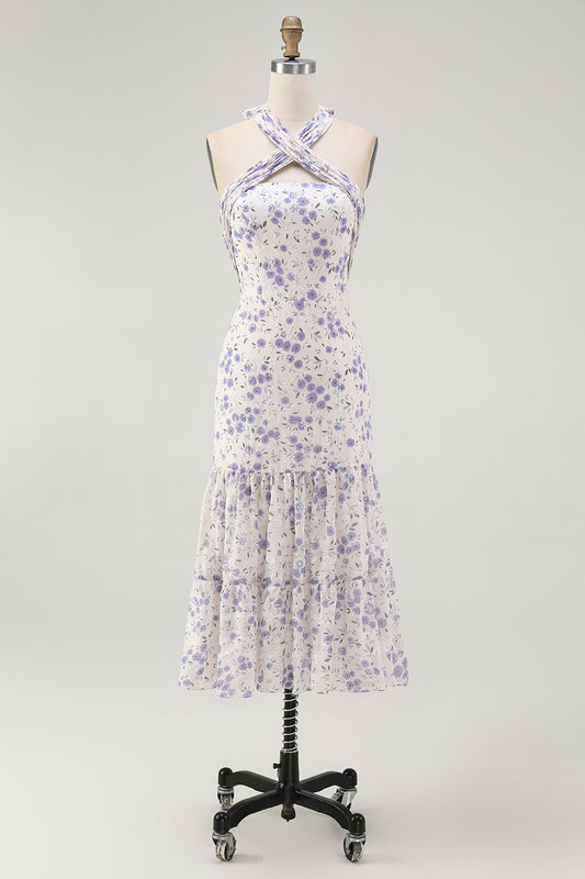 Blue Halter Floral Midi Bridesmaid Dress with Bow
