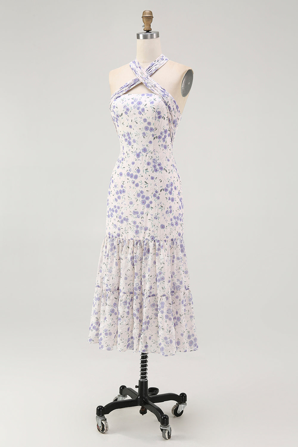Blue Halter Floral Midi Bridesmaid Dress with Bow