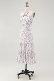 Blue Halter Floral Midi Bridesmaid Dress with Bow