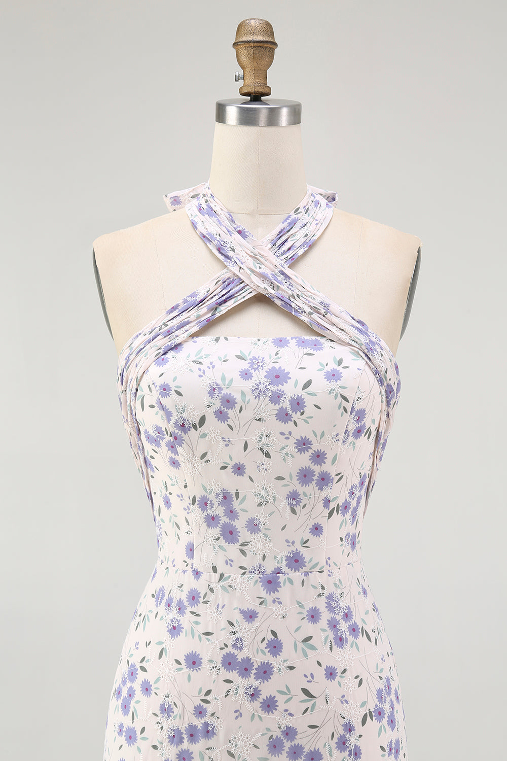 Blue Halter Floral Midi Bridesmaid Dress with Bow