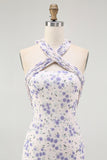 Blue Halter Floral Midi Bridesmaid Dress with Bow