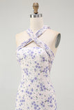 Blue Halter Floral Midi Bridesmaid Dress with Bow