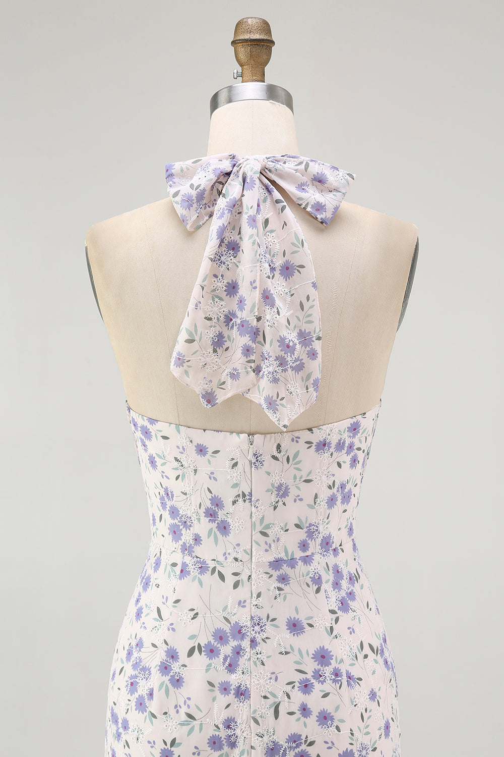 Blue Halter Floral Midi Bridesmaid Dress with Bow