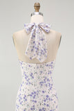 Blue Halter Floral Midi Bridesmaid Dress with Bow