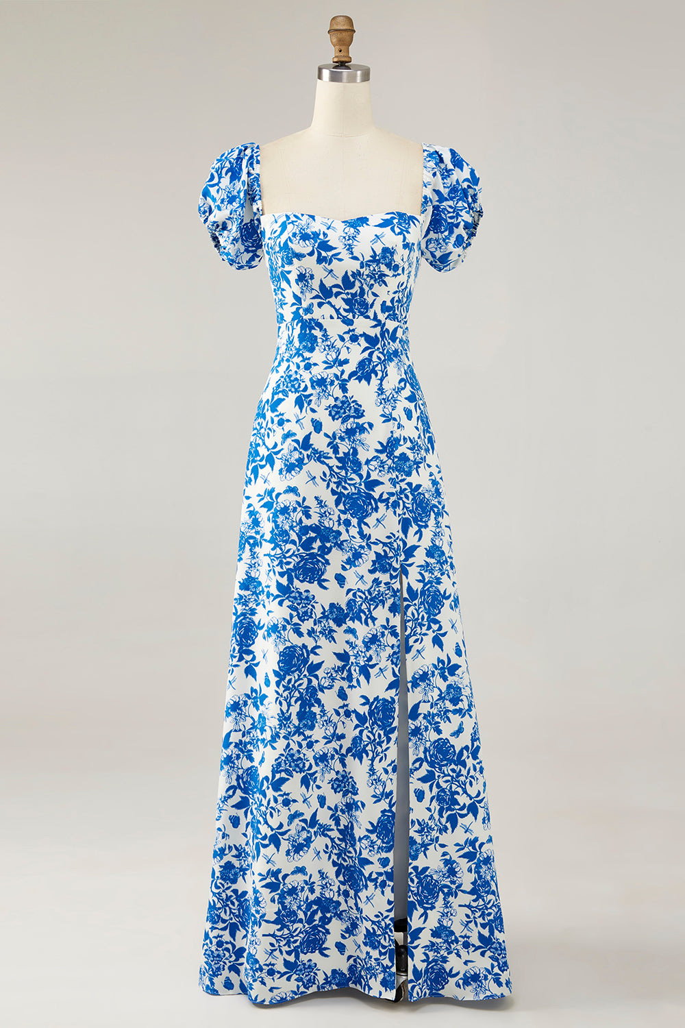 Blue Floral A Line Off the Shoulder Long Wedding Guest Dress with Slit