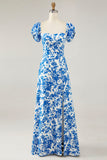 Blue Floral A Line Off the Shoulder Long Wedding Guest Dress with Slit