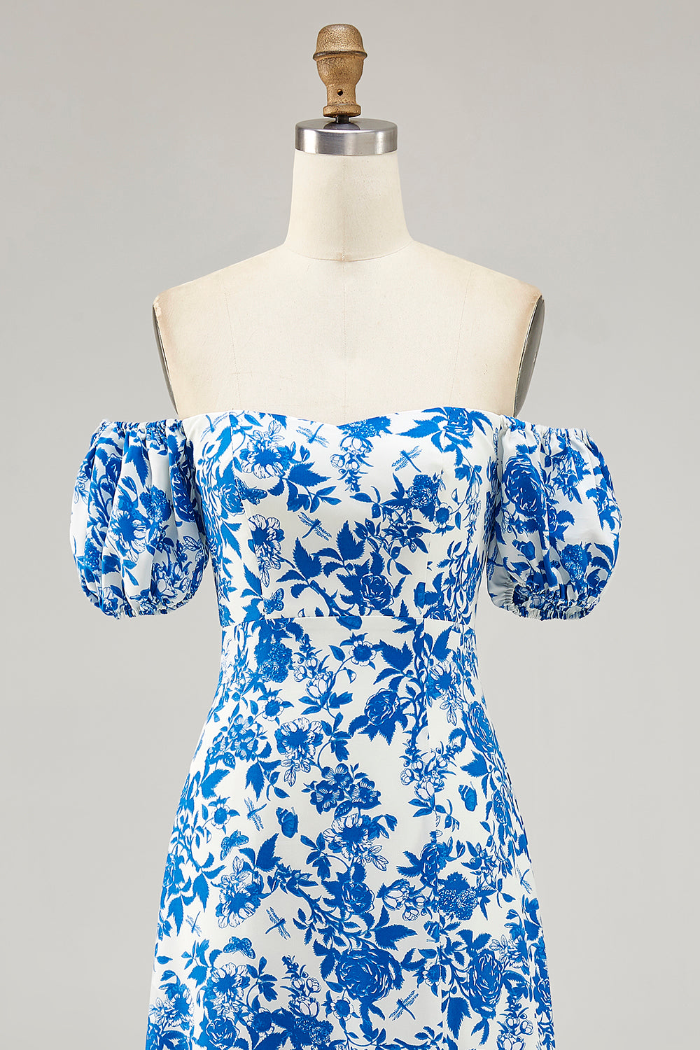 Blue Floral A Line Off the Shoulder Long Wedding Guest Dress with Slit