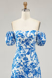 Blue Floral A Line Off the Shoulder Long Wedding Guest Dress with Slit