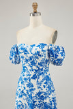 Blue Floral A Line Off the Shoulder Long Wedding Guest Dress with Slit