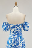 Blue Floral A Line Off the Shoulder Long Wedding Guest Dress with Slit