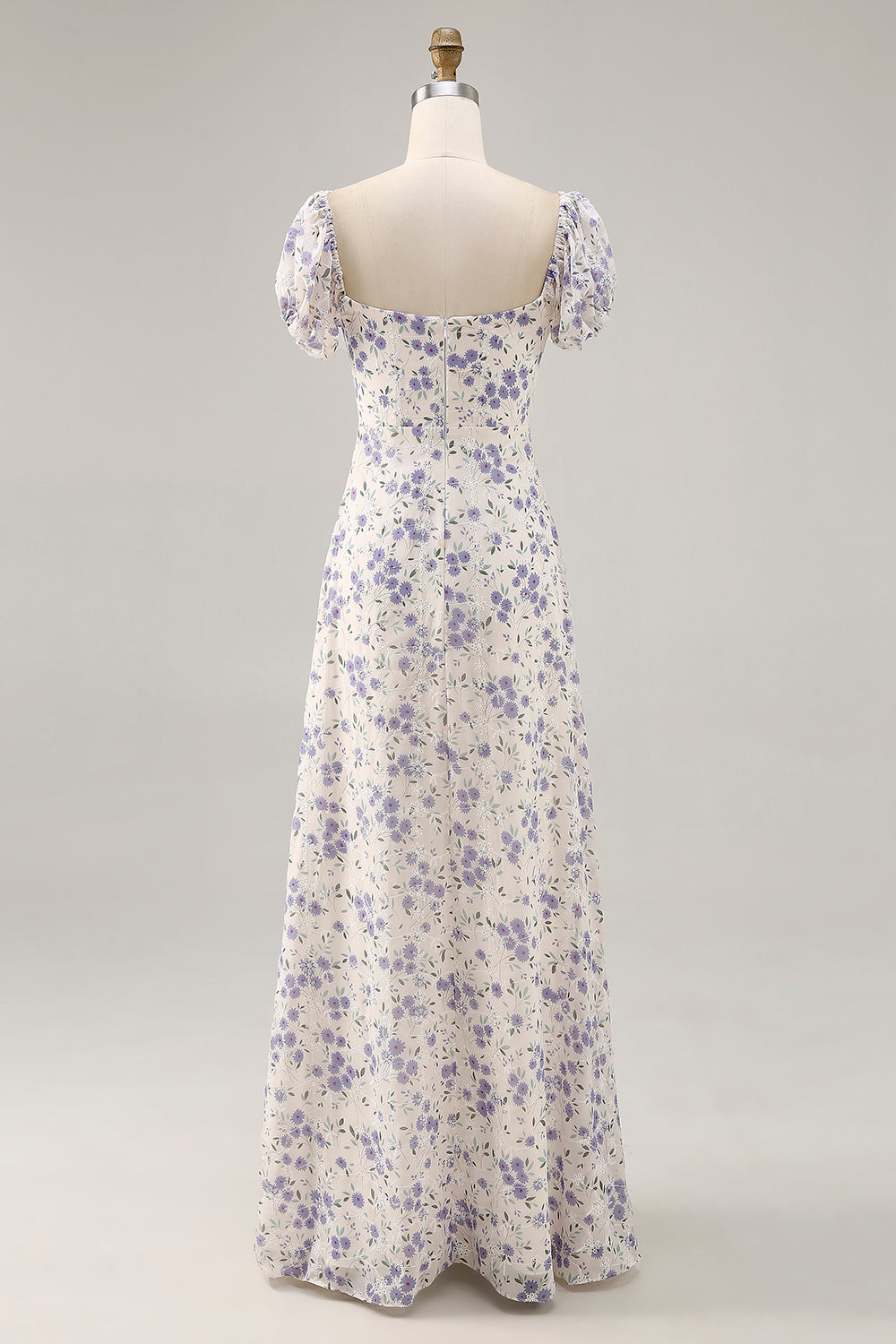 Blue Floral Chiffon Square Neck Long Wedding Guest Dress with Slit