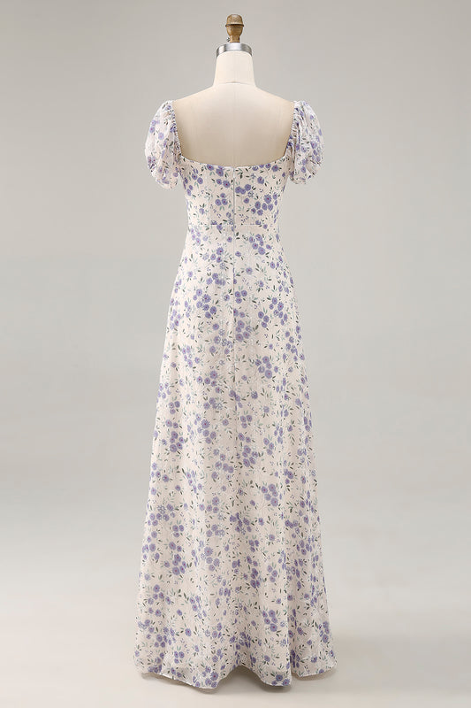 Blue Floral Chiffon Square Neck Long Wedding Guest Dress with Slit