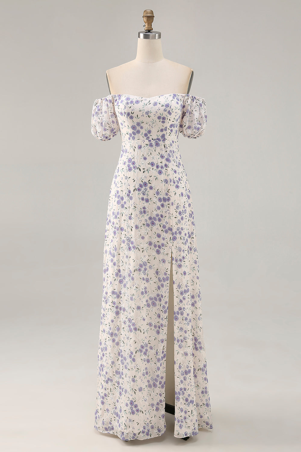 Blue Floral Chiffon Square Neck Long Wedding Guest Dress with Slit