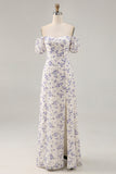 Blue Floral Chiffon Square Neck Long Wedding Guest Dress with Slit