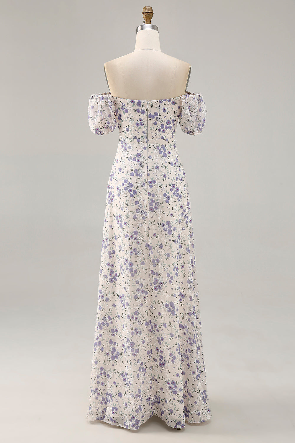 Blue Floral Chiffon Square Neck Long Wedding Guest Dress with Slit
