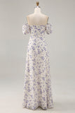 Blue Floral Chiffon Square Neck Long Wedding Guest Dress with Slit