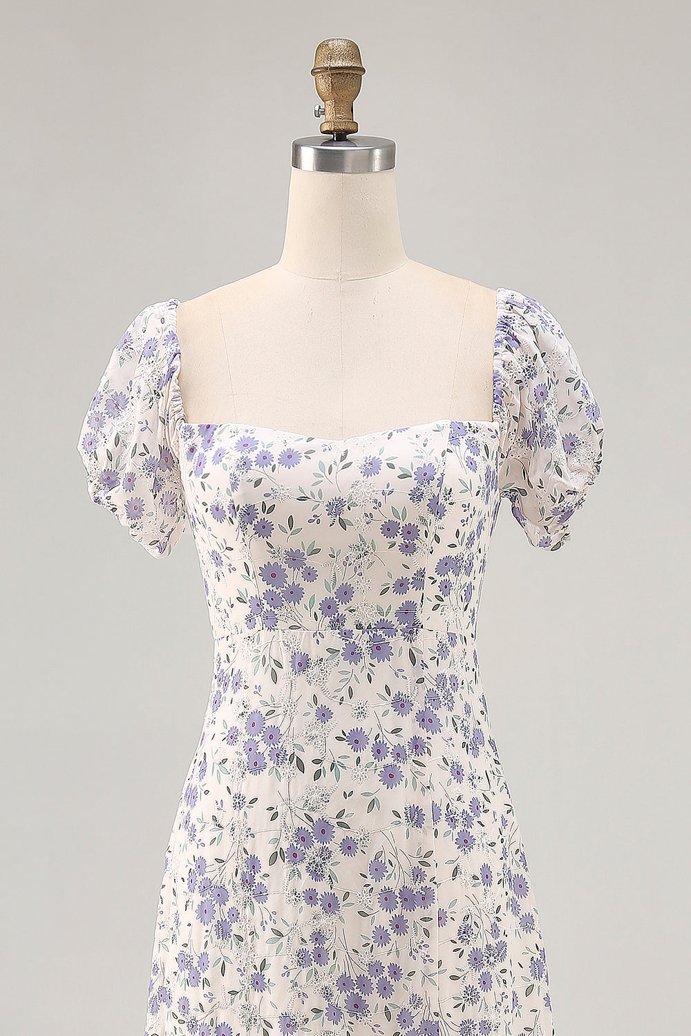 Blue Floral Chiffon Square Neck Long Wedding Guest Dress with Slit