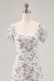 Blue Floral Chiffon Square Neck Long Wedding Guest Dress with Slit