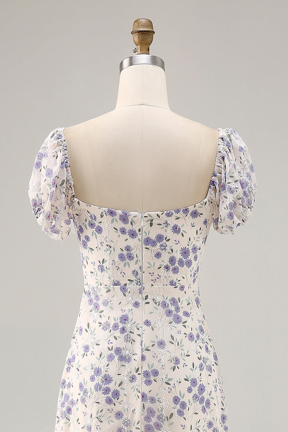 Blue Floral Chiffon Square Neck Long Wedding Guest Dress with Slit
