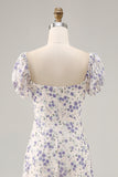 Blue Floral Chiffon Square Neck Long Wedding Guest Dress with Slit