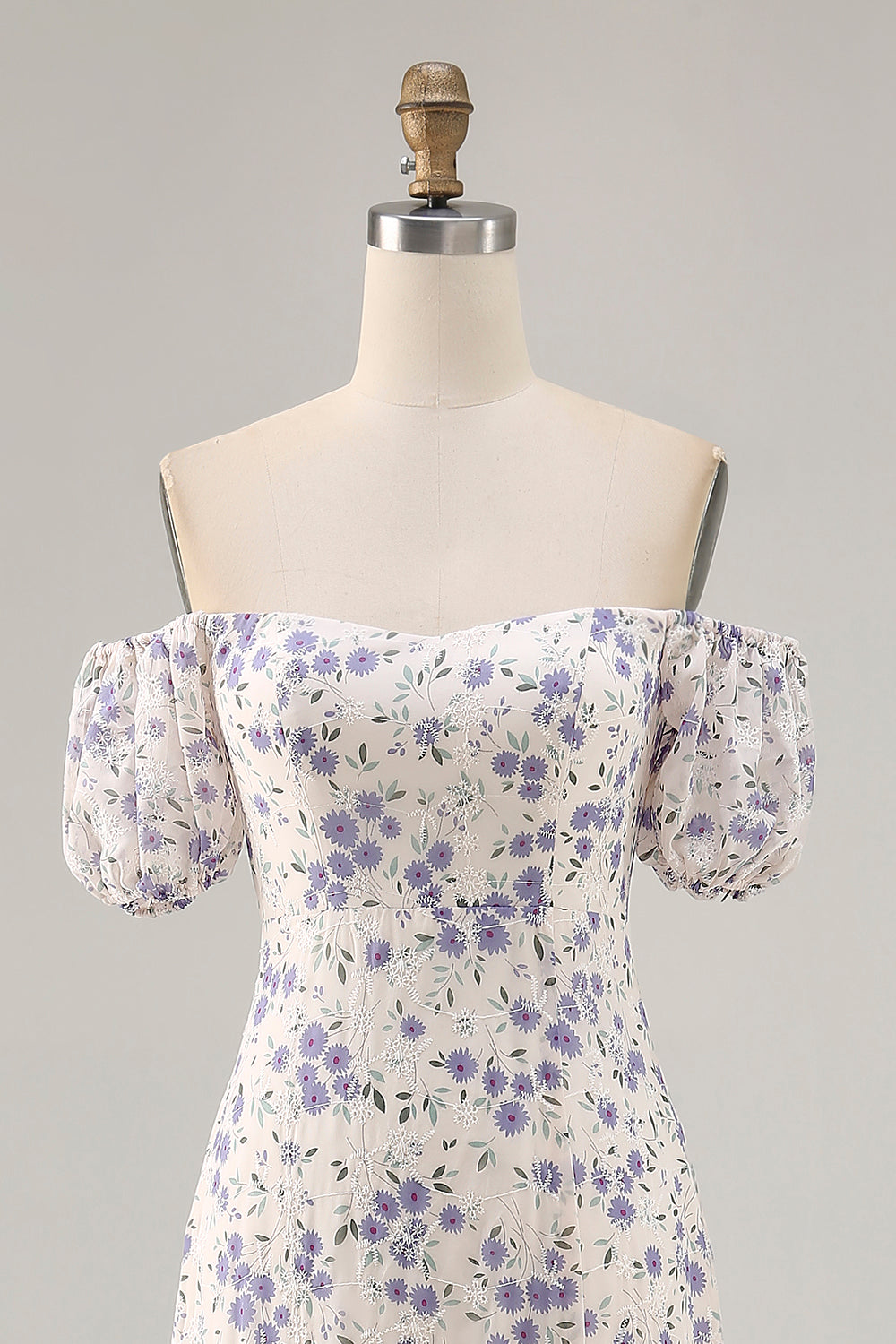 Blue Floral Chiffon Square Neck Long Wedding Guest Dress with Slit