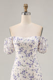 Blue Floral Chiffon Square Neck Long Wedding Guest Dress with Slit