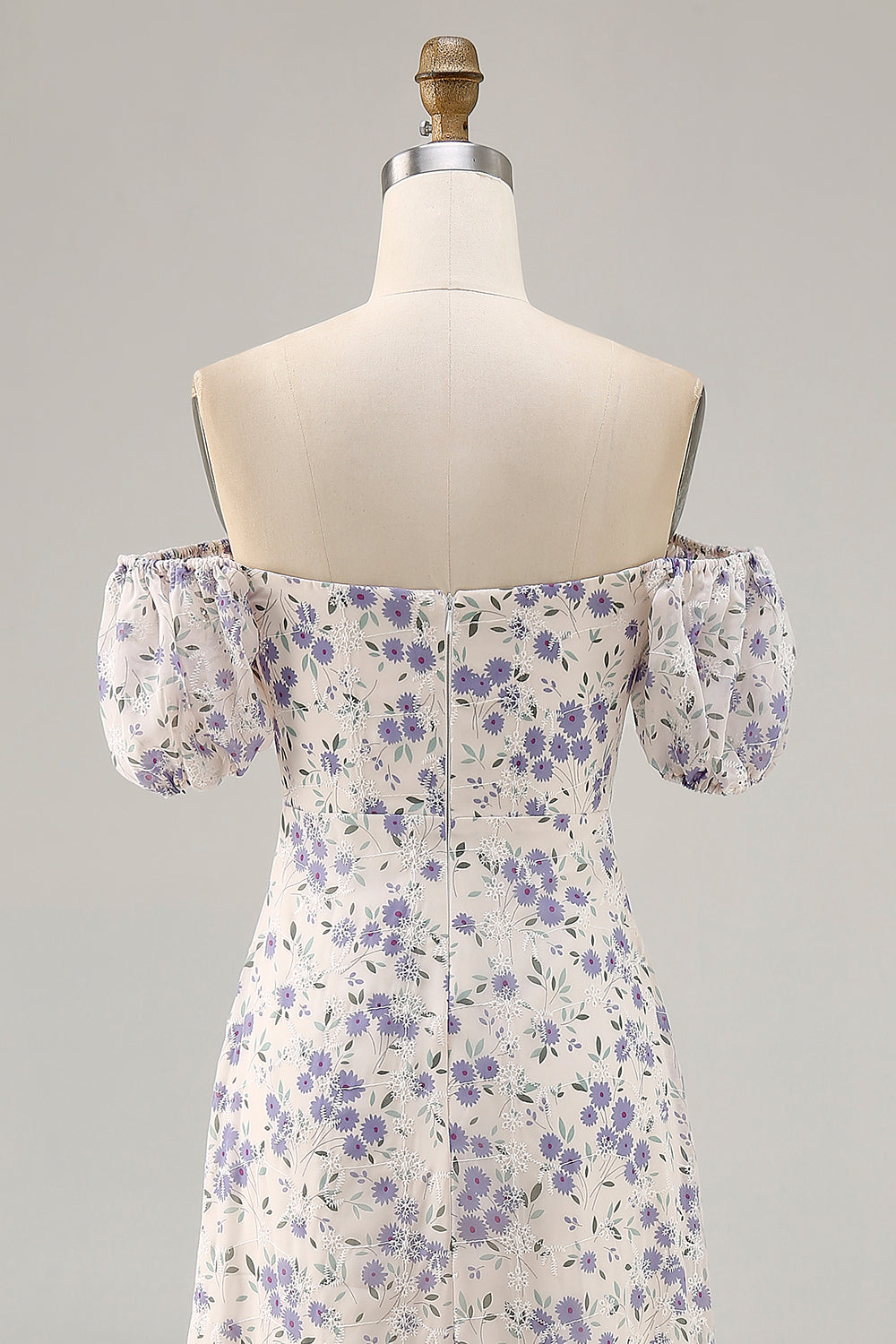 Blue Floral Chiffon Square Neck Long Wedding Guest Dress with Slit