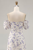 Blue Floral Chiffon Square Neck Long Wedding Guest Dress with Slit