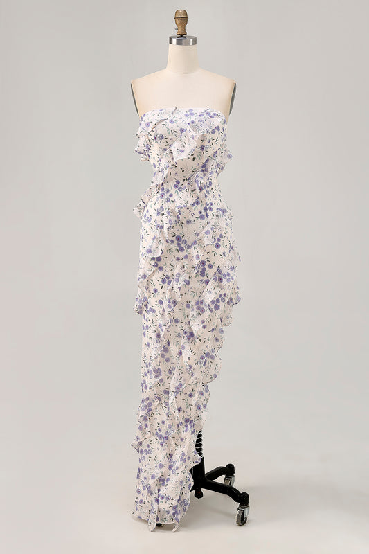 Blue Floral Strapless Ruffled Asymmetrical Wedding Guest Dress with Slit
